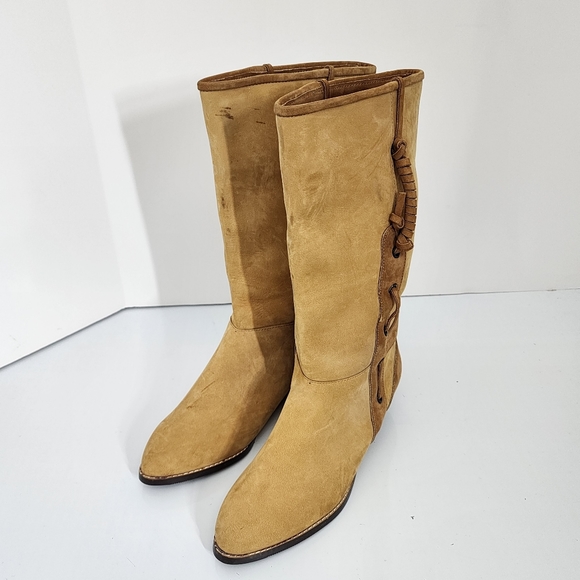 Main Woods Shoes - Vintage 80's Maine Woods Leather Boots Tan Low Heel Western DORADO RUN SMALL